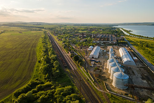 Aerial view of industrial ventilated silos for long term storage of grain and oilseed..