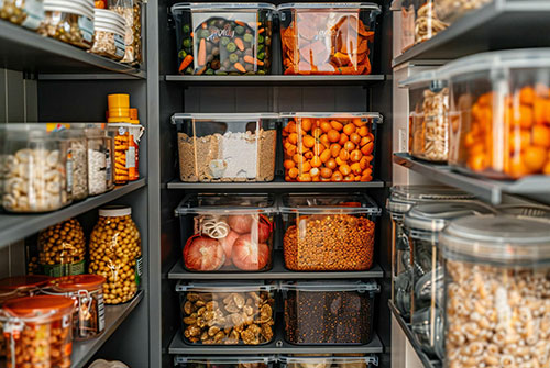 Food containers in pantry.